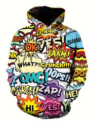 Men's Retro Comic Style Graphic Hoodie with Superhero Print Long Sleeve Fall Winter