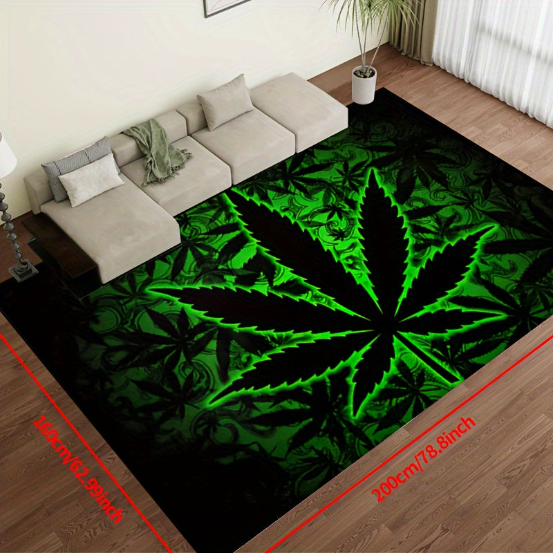 Black Background Fluorescent Marijuana Leaves Felt Rug 1000g/m² Machine Washable Multiple Sizes