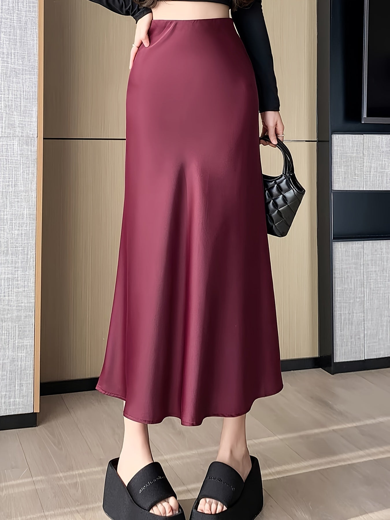 Women's Satin Midi Skirt Fishtail Design Elastic Waist Solid Color Summer