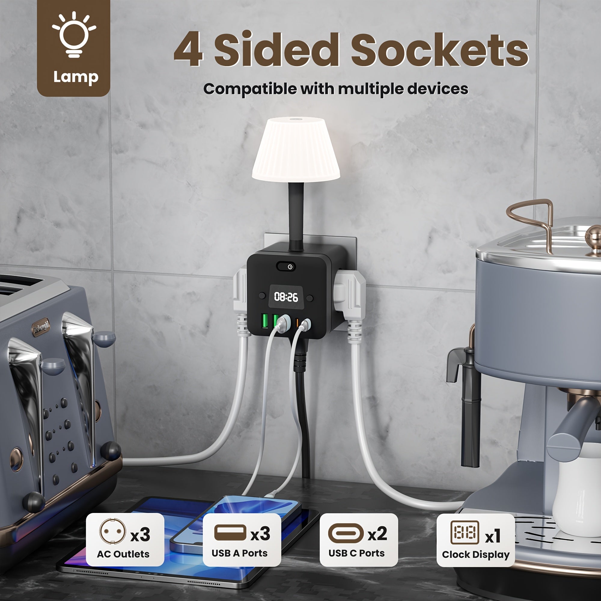 Smart Wall Outlet Power Strip with Desk Lamp 4-Sided Surge Protection USB-C AC
