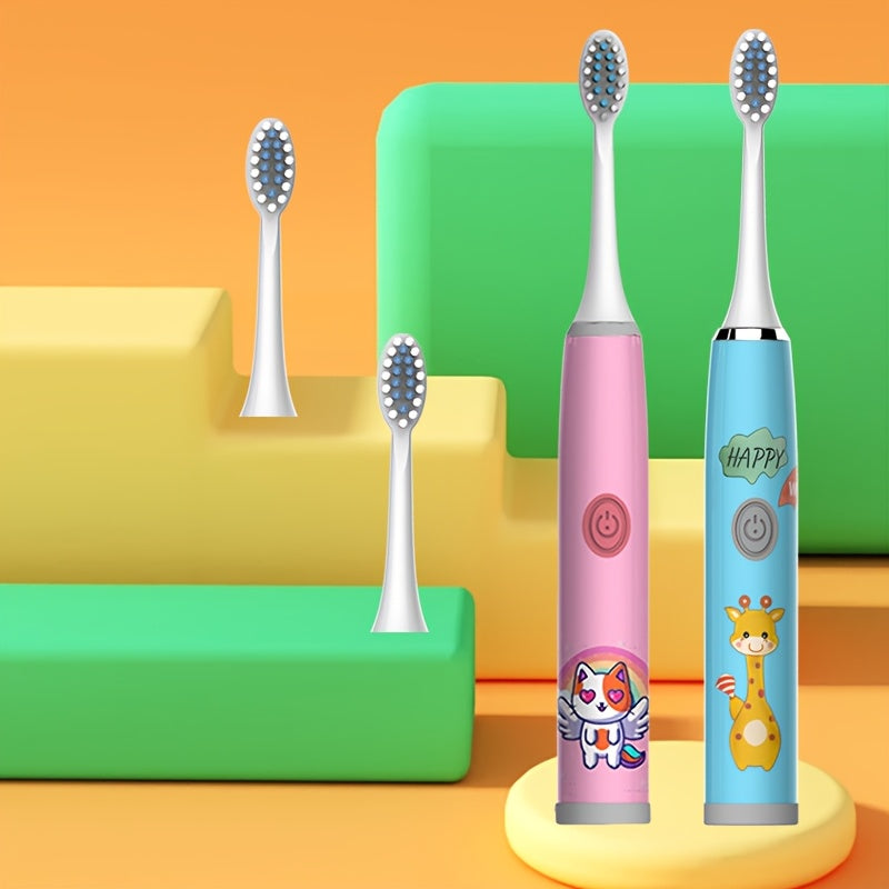 Электрическая зубная щетка для детей с 4 насадками, мягкая щетина, работает на батарейках