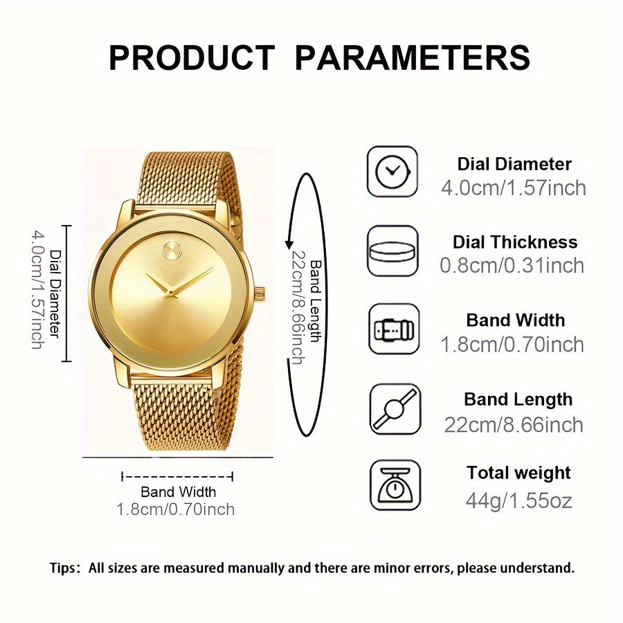 Reloj de cuarzo de tono dorado para hombre con correa de malla, diseño minimalista, caja de aleación duradera