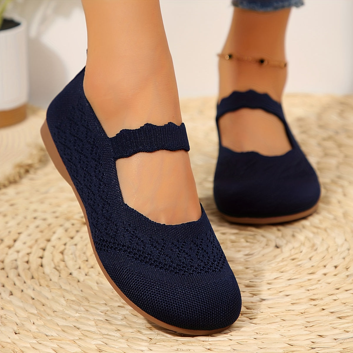 Women All-Season Knit Mary Jane Flats Solid Color Slip-On Round Toe Shoes