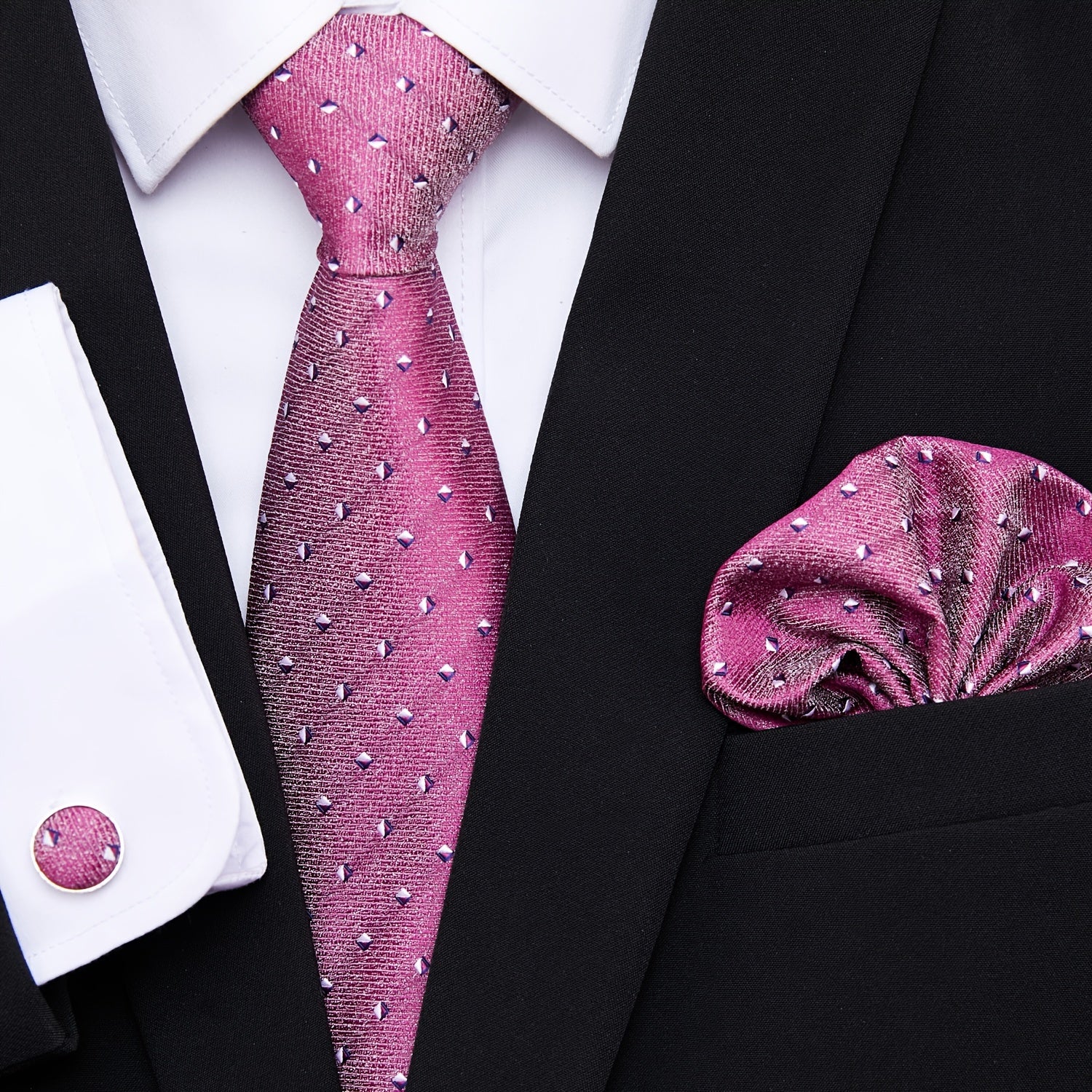 Men's Blue Jacquard Floral Tie Set with Pocket Square and Cufflinks for Weddings and Formal Events