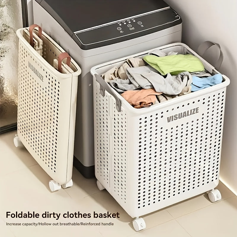 White Ceramic-Style Laundry Basket with Wheels Large Capacity Ventilated Portable