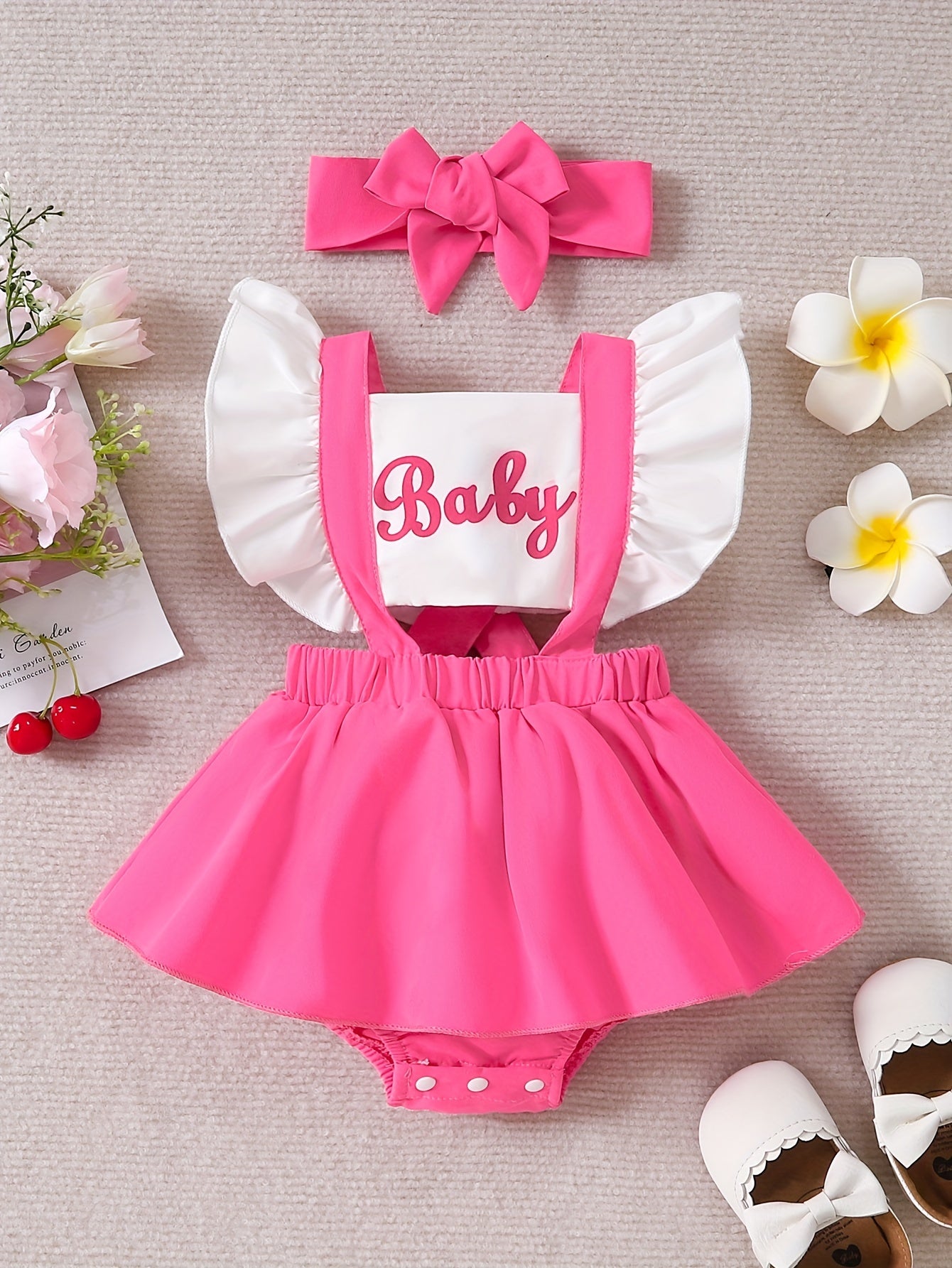 Baby Girl Romper Dress with Color Contrast Letter Print and Flying Sleeves for 0-3 Years