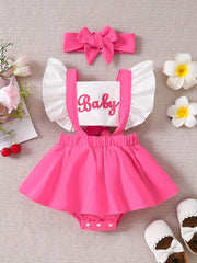 Baby Girl Romper Dress with Color Contrast Letter Print and Flying Sleeves for 0-3 Years