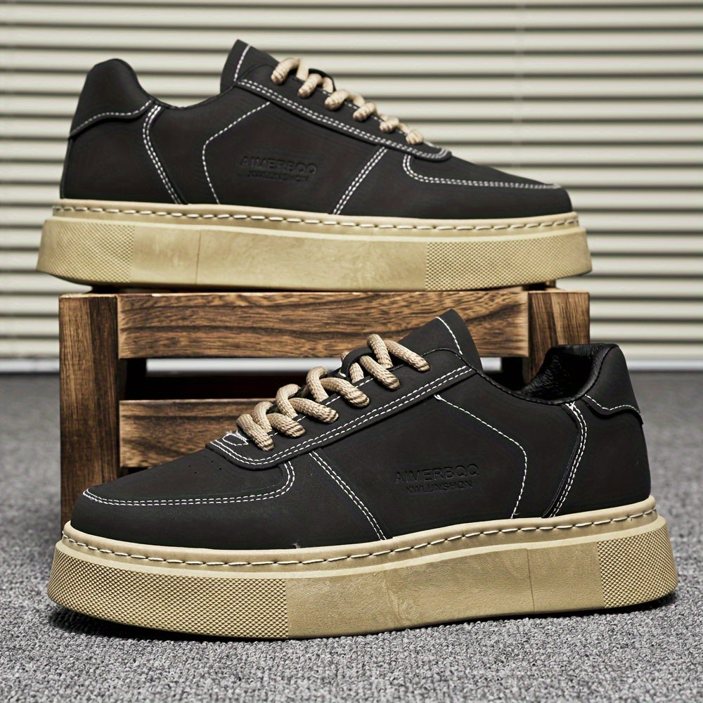 Men's Solid Color Low Top Platform Skateboard Sneakers Non-Slip Durable Casual Outdoor Shoes