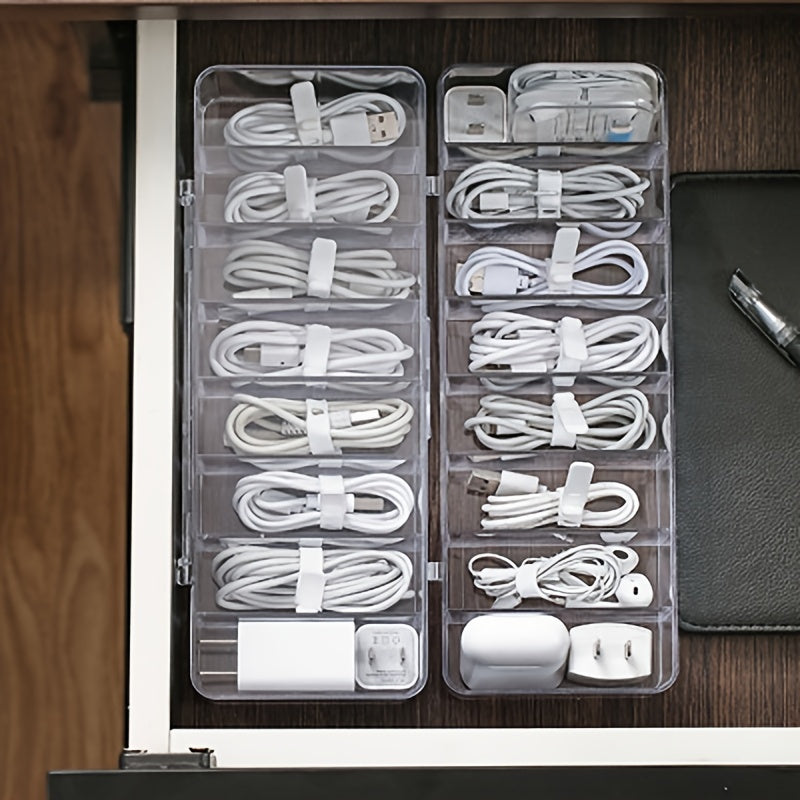 Clear Plastic Cable Organizer Box with Adjustable Compartments for Home Office Travel