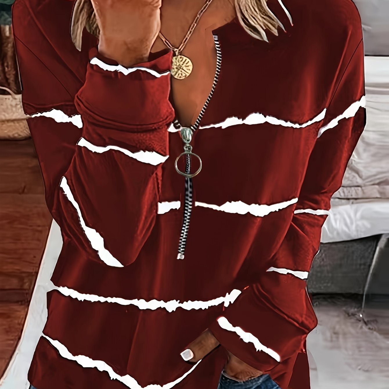 Sudadera de manga larga con bloques de color a rayas para mujer talla grande