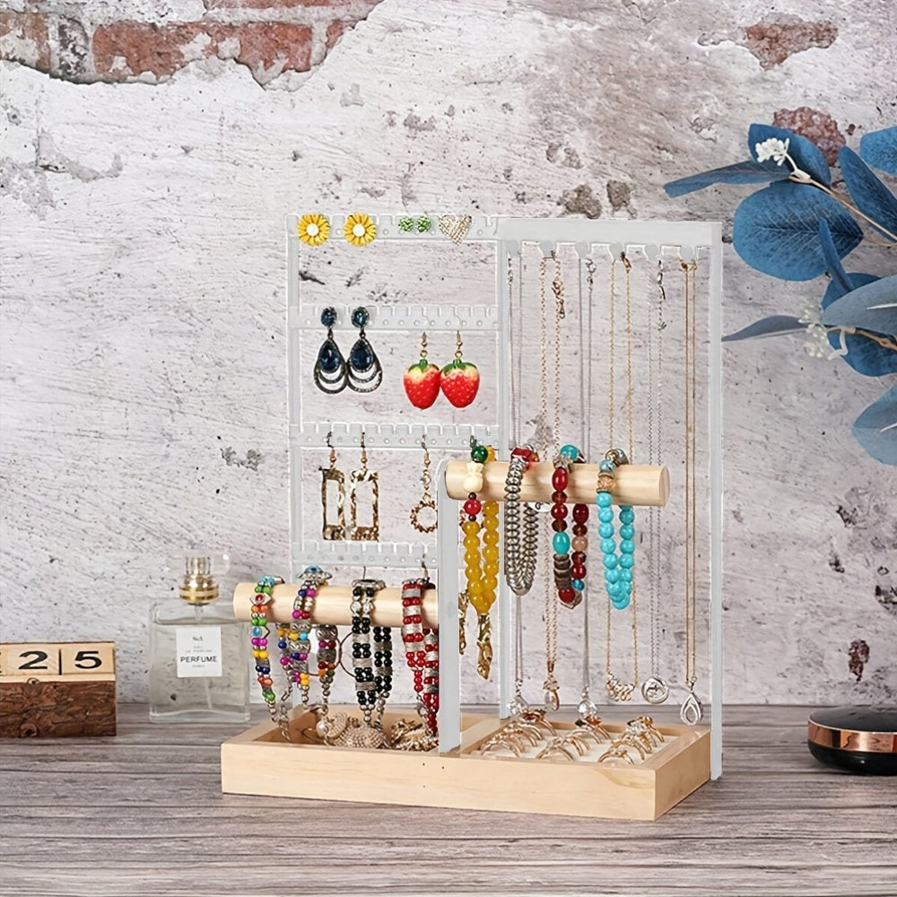 White Wooden Jewelry Organizer Stand with 5 Tiers and Iron Necklace Hooks