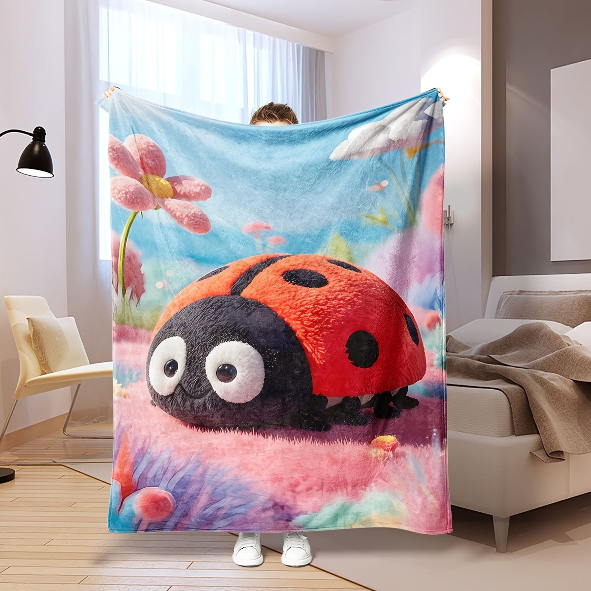 Ladybug Plush Throw Blanket All-Season Knit Soft Polyester for Kids and Home