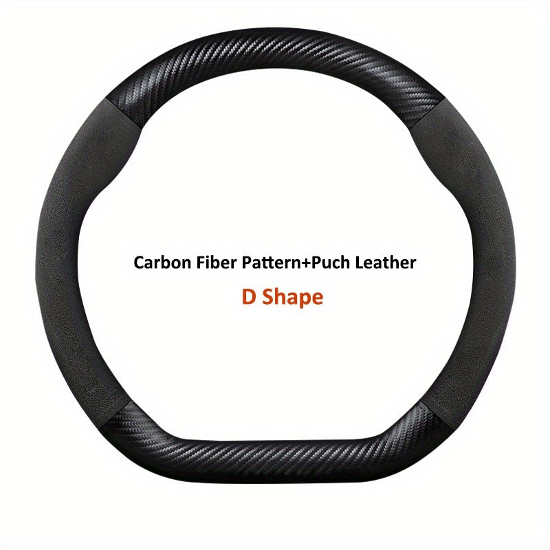 Car Steering Wheel Cover D-Shaped Carbon Fiber Texture Plush Fit 37-38.5cm
