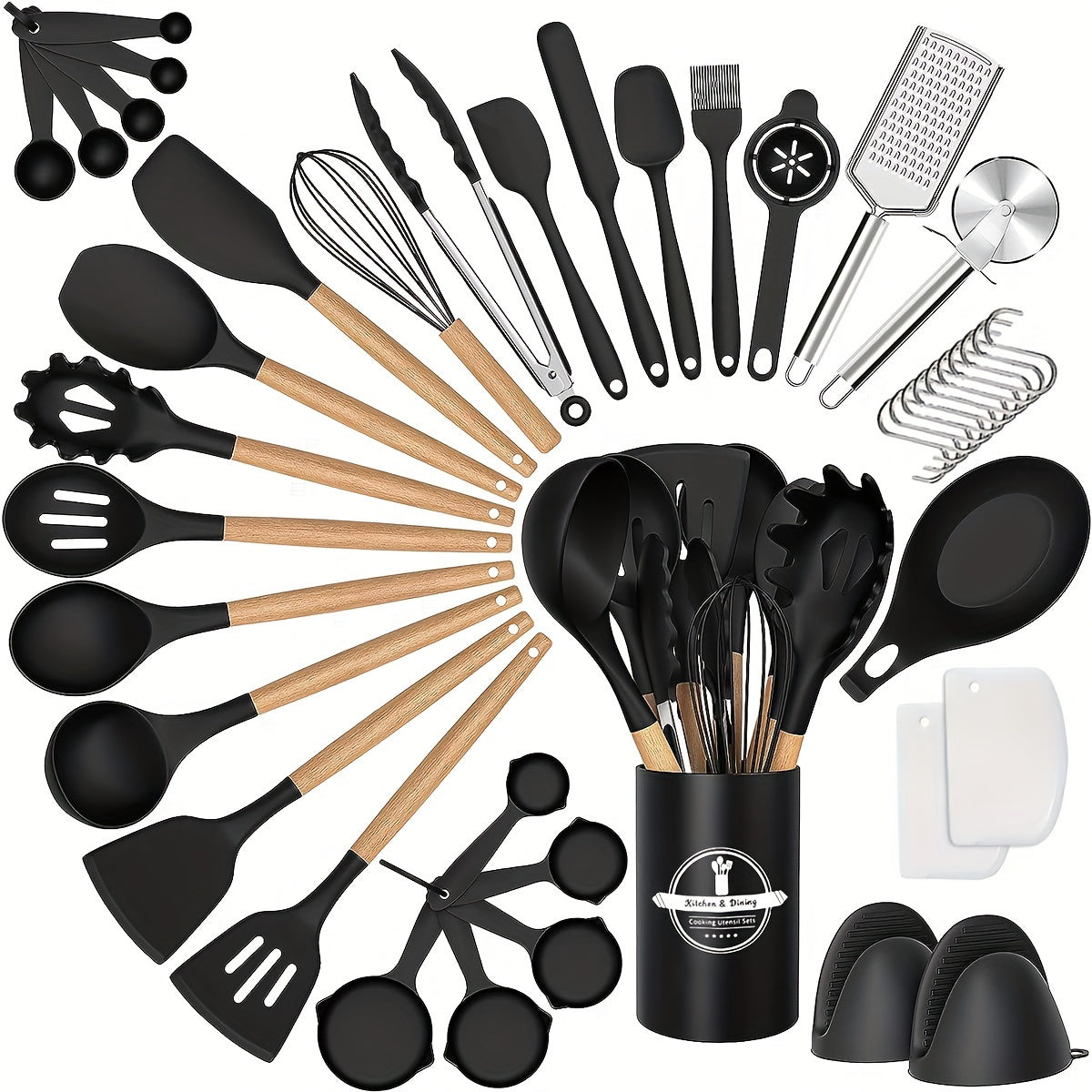 Juego de 43 utensilios de silicona para cocinar con mango de madera, juego de espátulas antiadherentes resistentes al calor