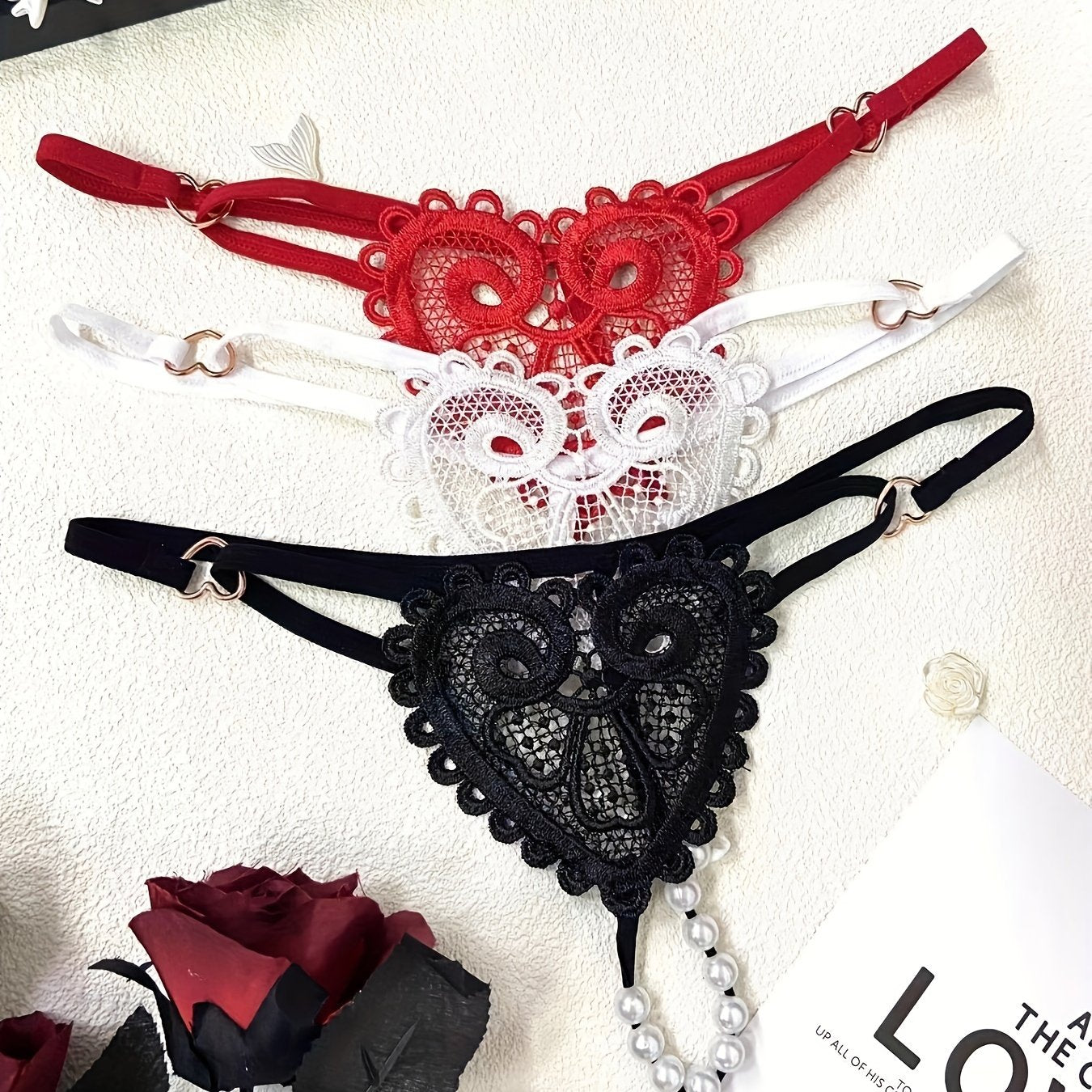 Women's Floral Embroidered Thongs See-Through Pearl Massage Lingerie