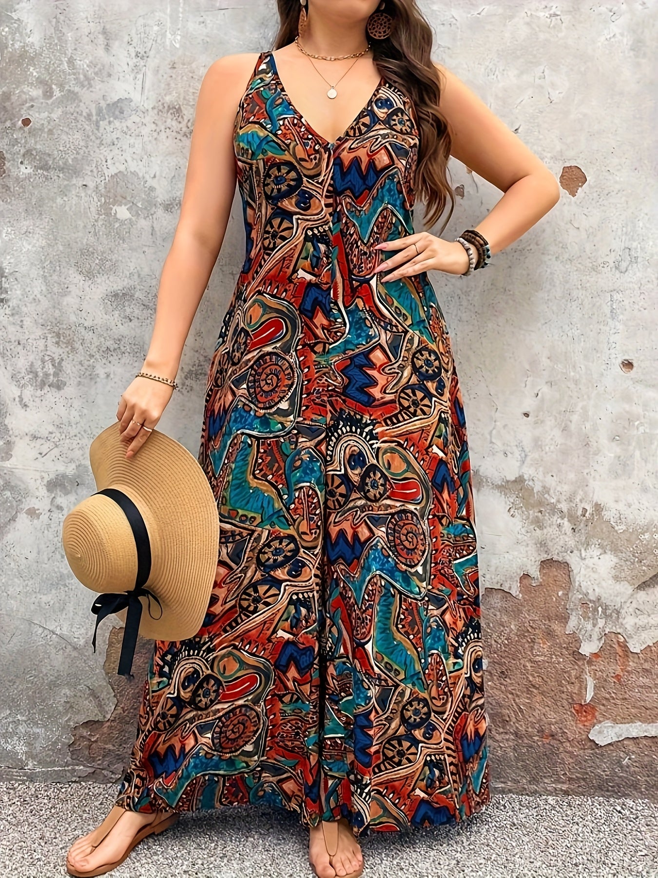 Mono de talla grande para mujer con escote en V y estampado tribal, pantalón ancho, cintura ajustable