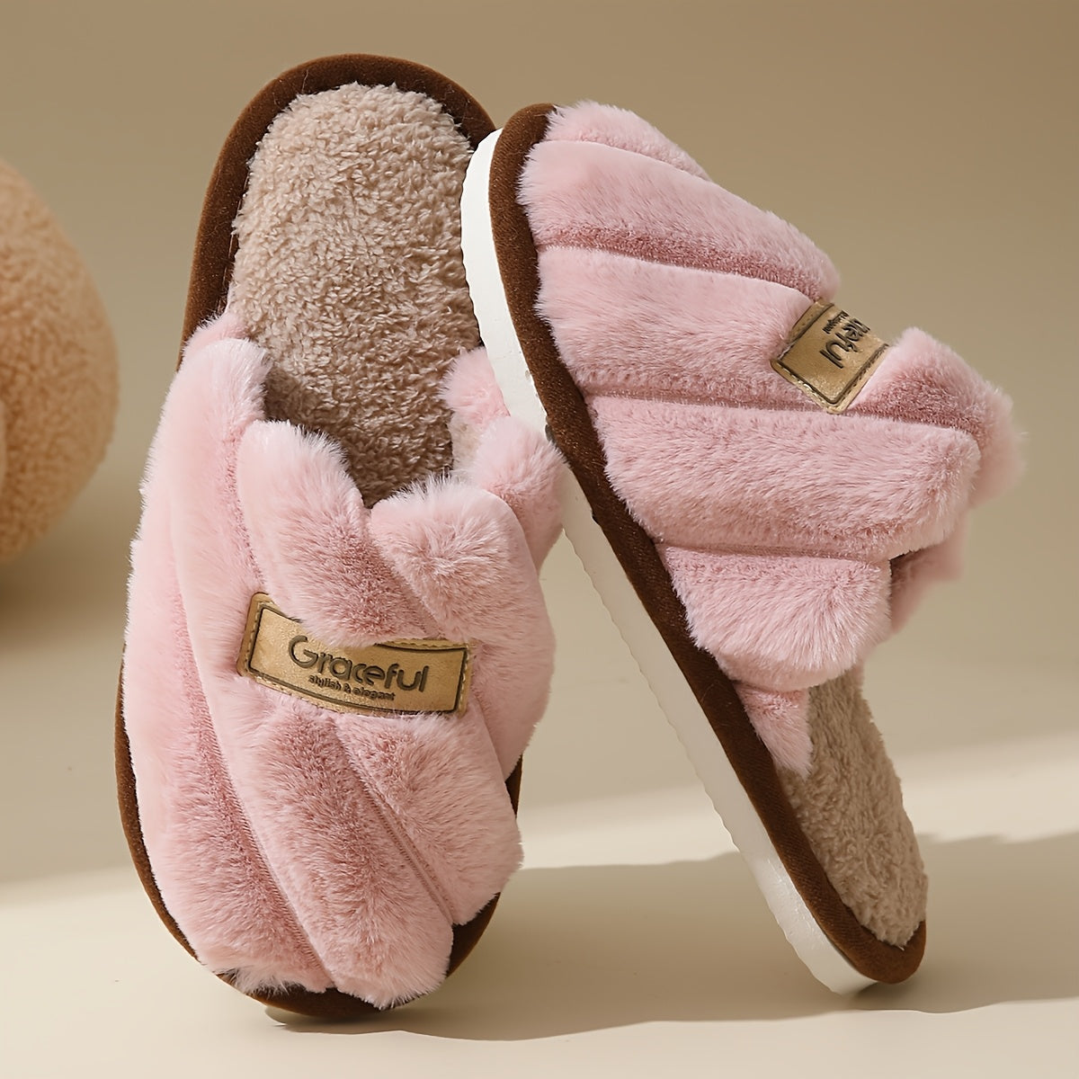 Women's Faux Fur-Lined Slip-On Slippers with TPR Sole for Indoor Outdoor Use