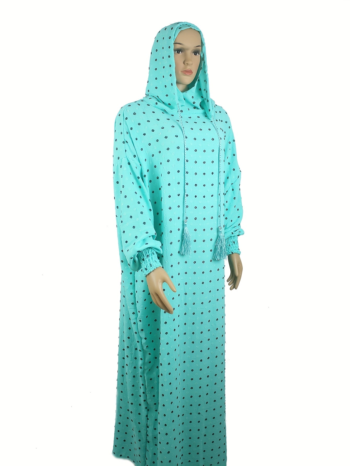 Plus Size Abaya with Hoodie Long Sleeve Polka Dot Casual Muslim Dress