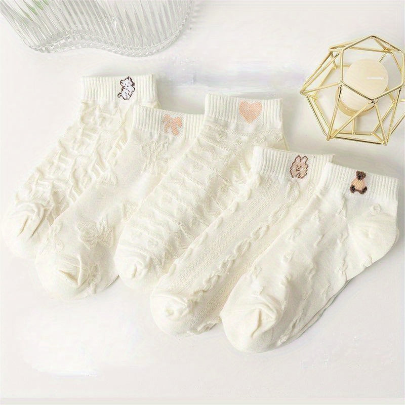 Pack de 5 calcetines cortos blancos de verano para mujer, calcetines de tobillo de punto para uso casual