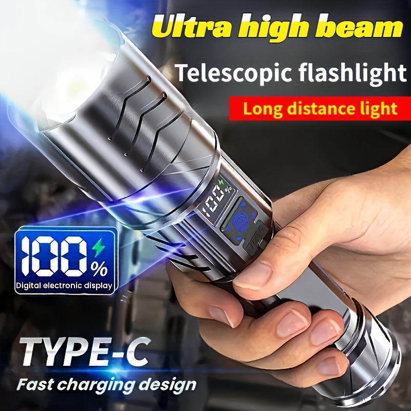 Rechargeable LED Spotlight with Digital Display Ultra High Beam USB Type-C Charging Long Range Emergency Flashlight