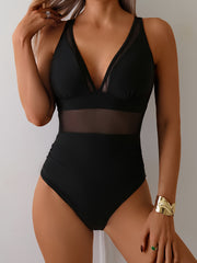 Ayollar uchun zamonaviy qora bir parcha suzish kiyimi, ingichka to'r tafsiloti, olib tashlanadigan yostiqlar, cho'ziluvchan mato va sport uslubi.