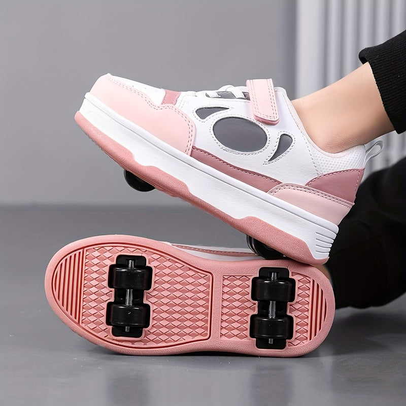 Girls' Pink and White Roller Skate Shoes with Breathable Lining Non-Slip Sole and Hook-and-Loop Fastener