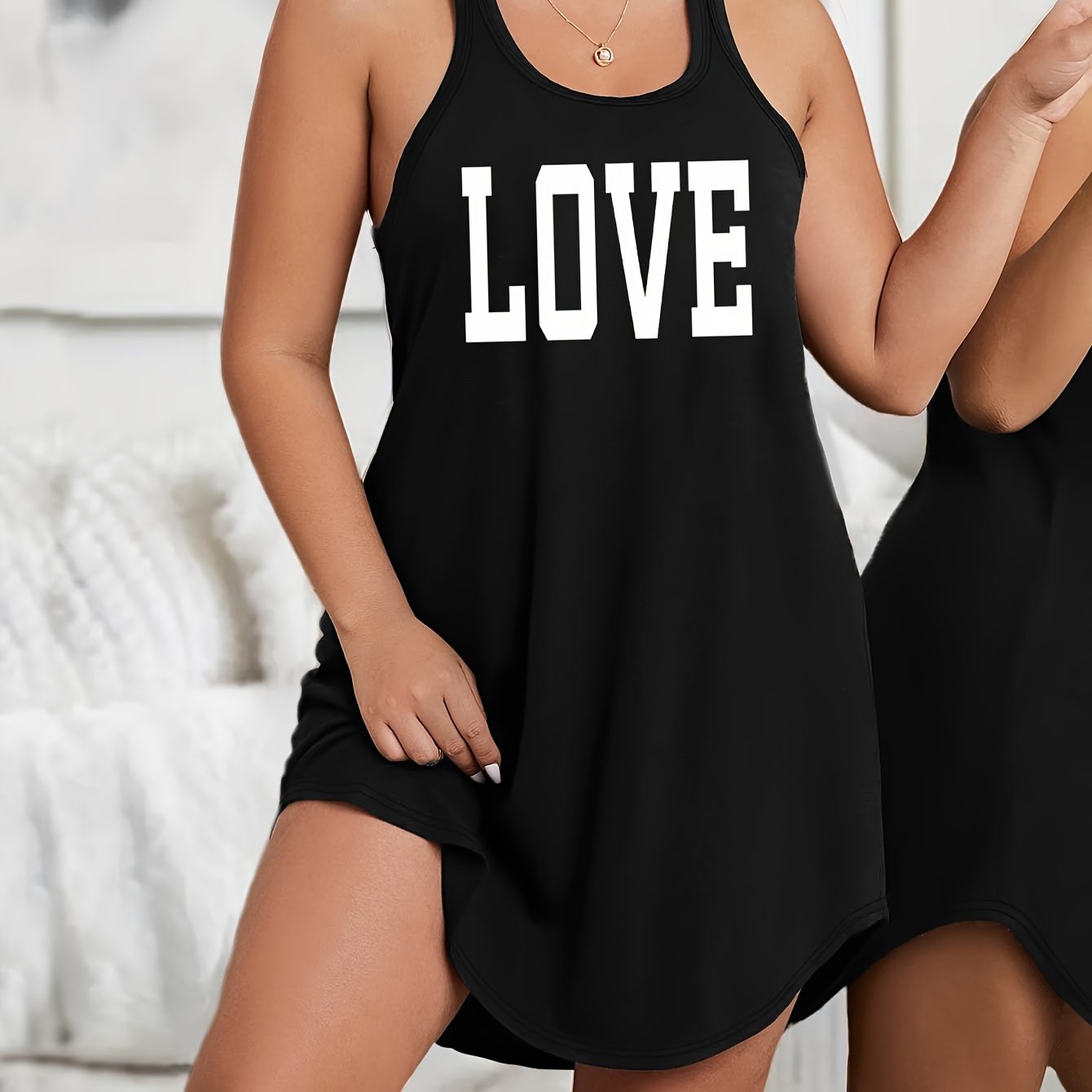 Plus Size Women's Maroon Love Letter Print Sleeveless Sleepshirt Nightgown Lounge Dress