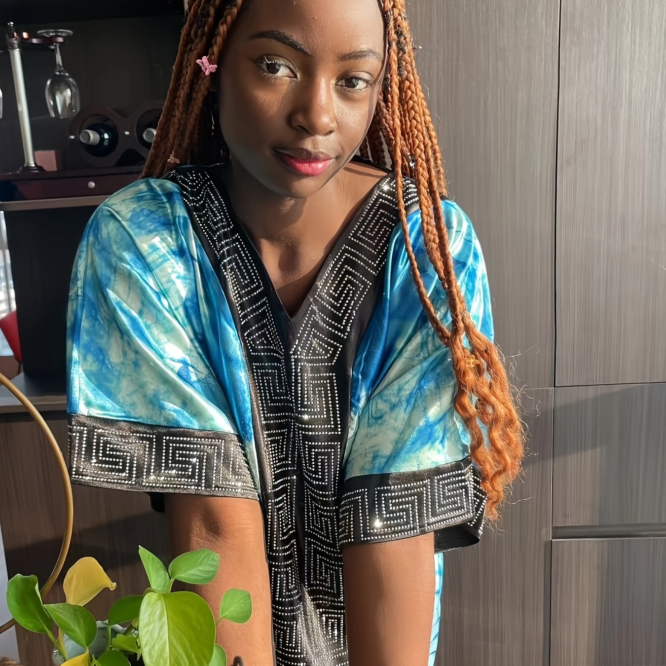 Women's Plus Size Turkish Kaftan Robe Long Dress with Rhinestones