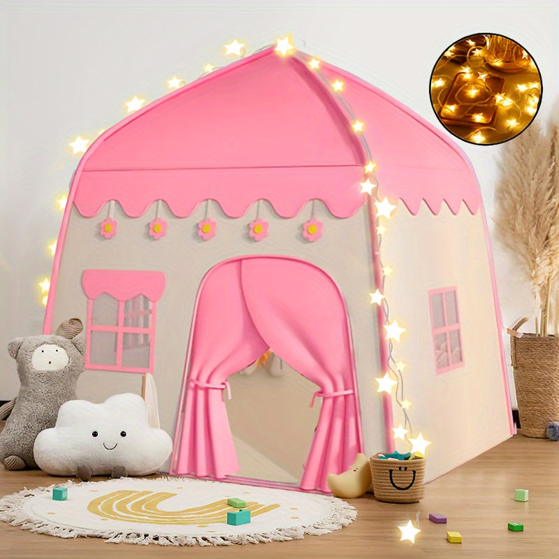 Pink Kids Play Tent Indoor Outdoor with Star Lights and Pink Flower Decorations