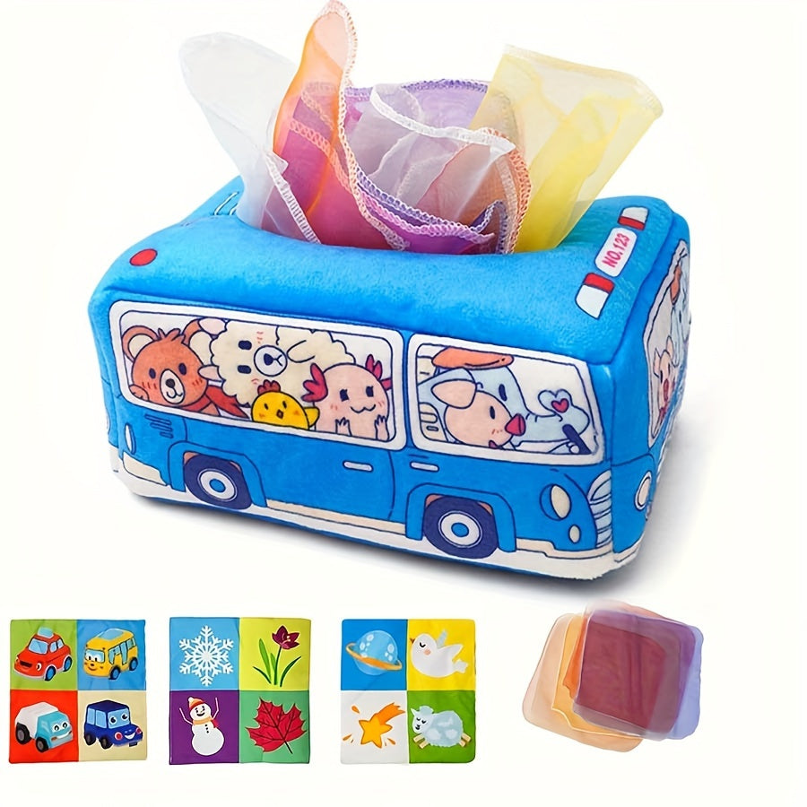 Yumshoq mato bolalar uchun tissue qutisi o'yinchoq, sezgirlik o'yini uchun, krinkli ovozli, ko'p rangli transport vositasi, 0-3 yosh