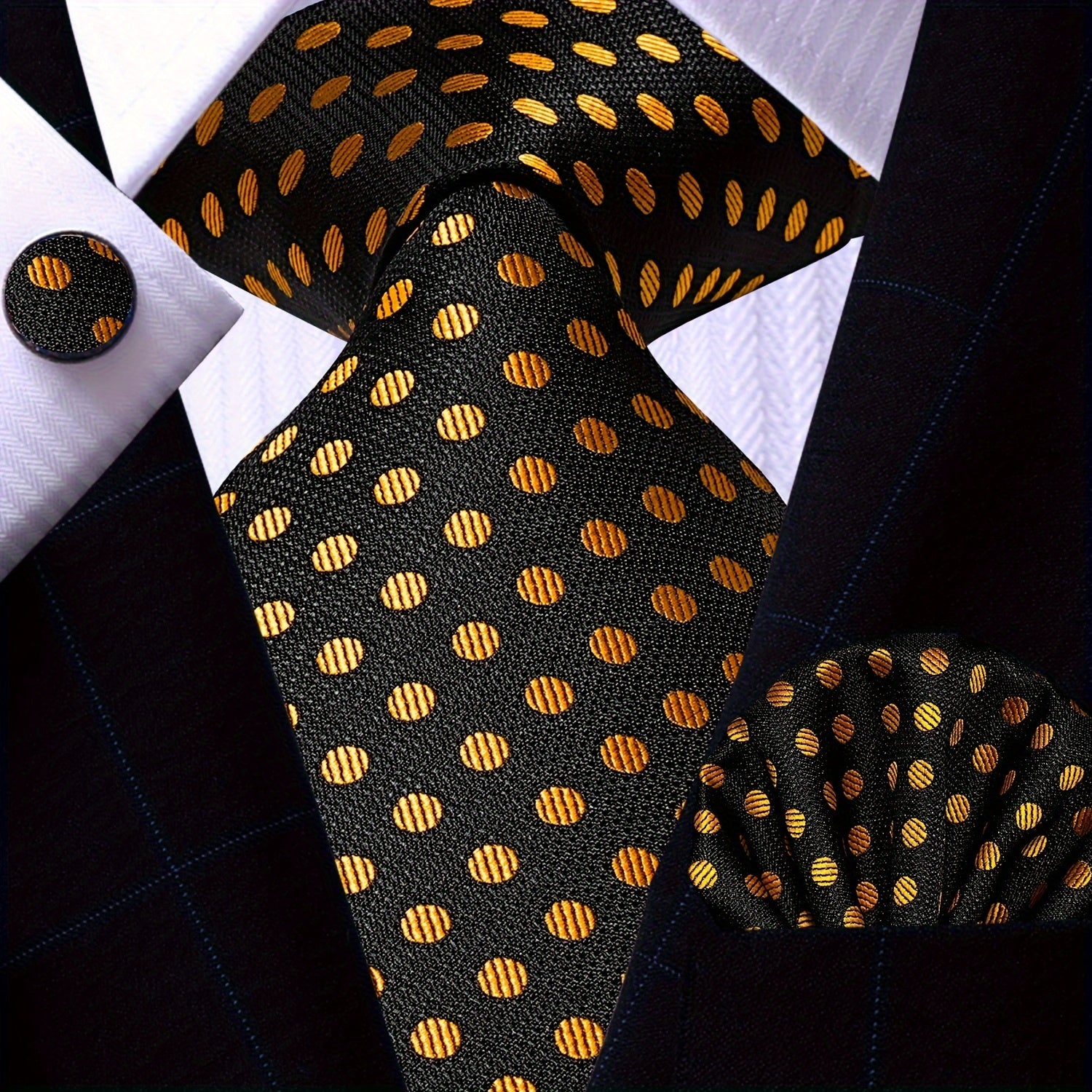 Men's Gold Accessories Set Tie Pocket Square Cufflinks for Weddings Business