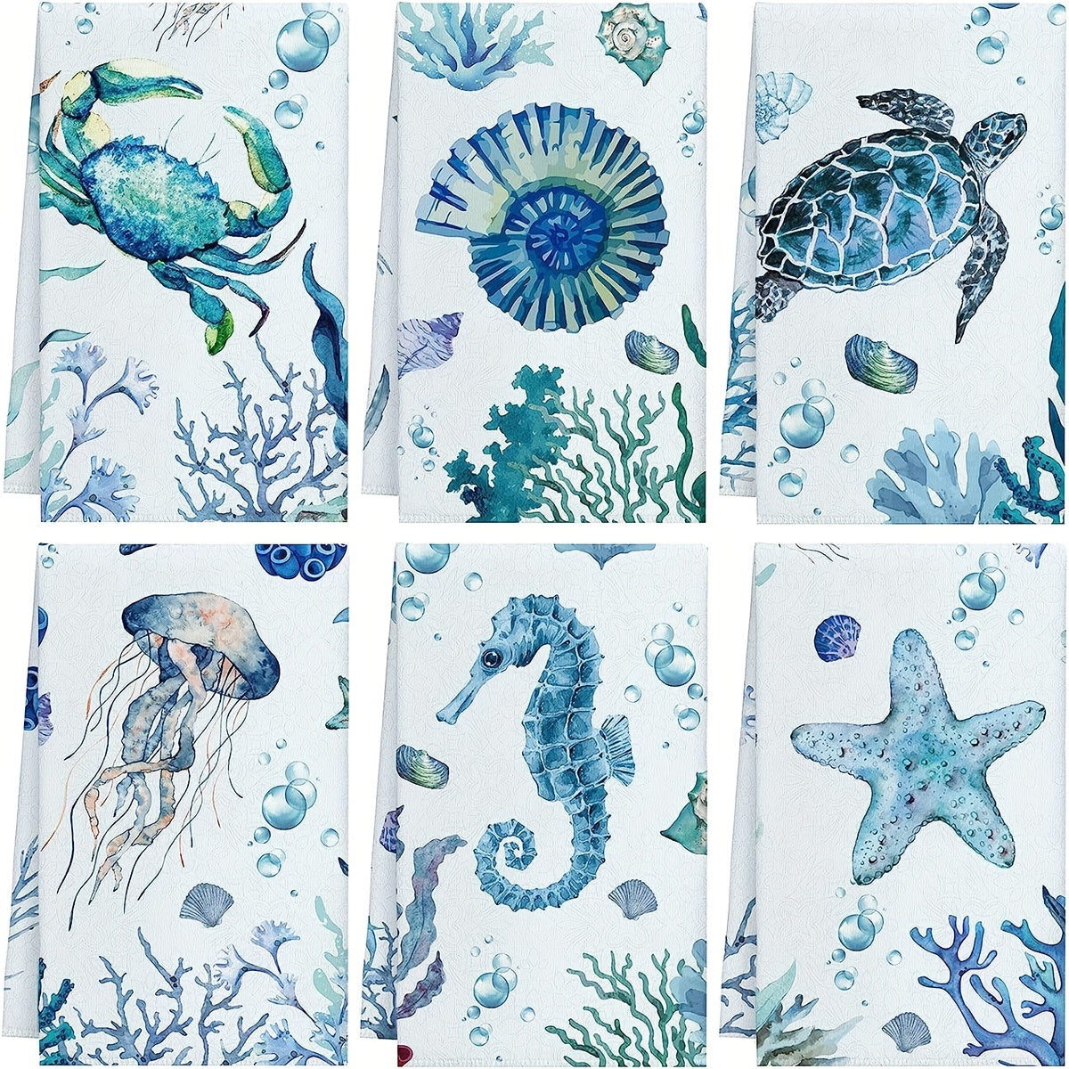 6-Piece Microfiber Kitchen Towel Set with Turtle and Ocean Animal Designs Absorbent for Cooking Baking Cleaning