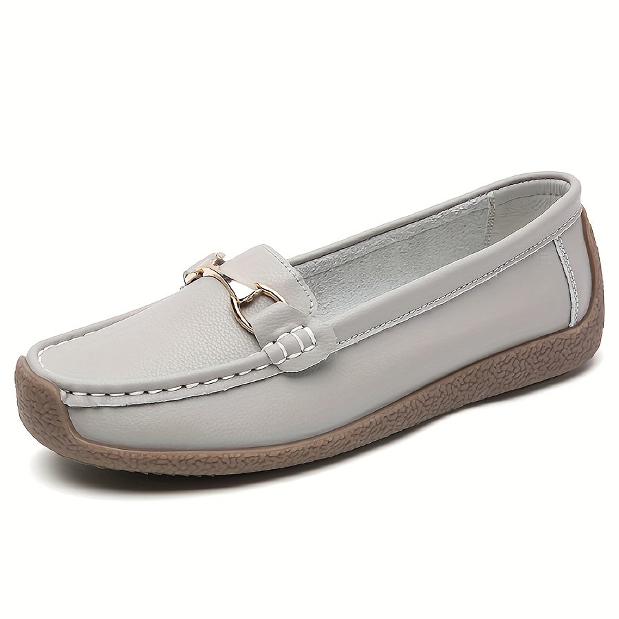 Women's Casual Brown Faux Leather Slip-On Loafers with Metal Buckle