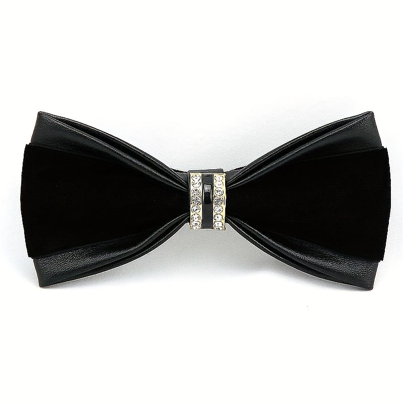 Leather Bow Tie with Rhinestones for Weddings and Formal Events in Black Velvet or Gold