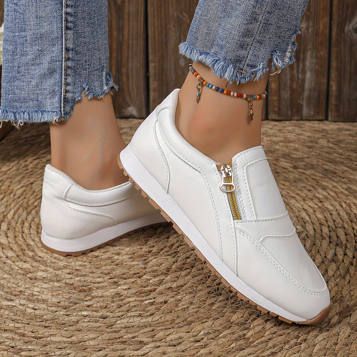 Women's White Slip-On Sneakers with Zipper, Breathable Low-Top Casual