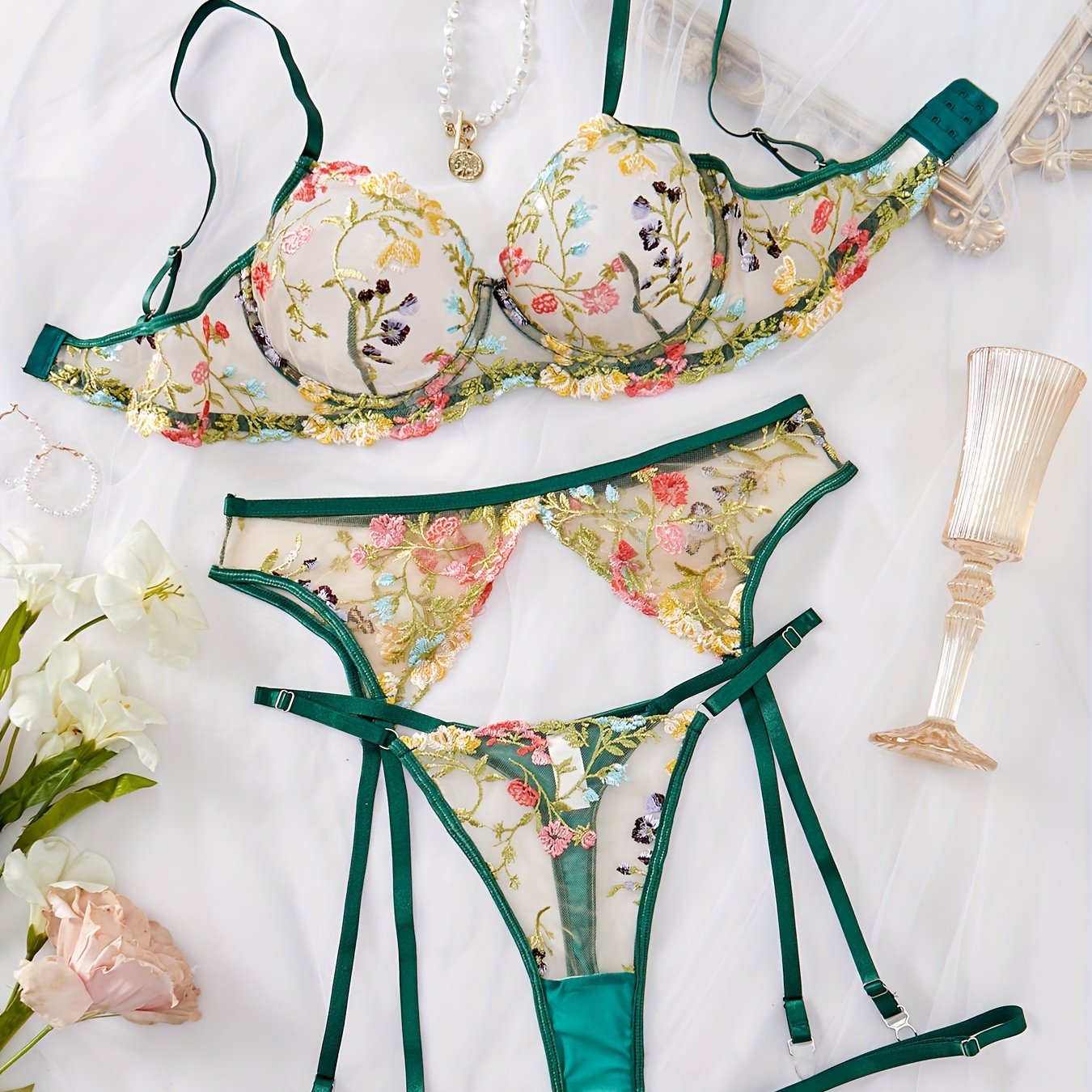 Women's Lingerie Set with Semi-Sheer Mesh Flower Pattern and Hanging Leg Straps Bra and Thong