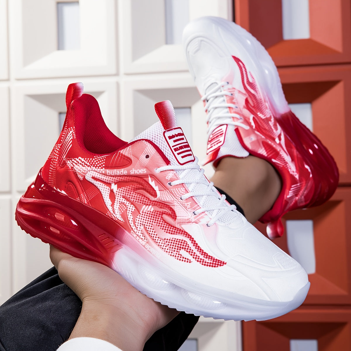 Men's Athletic Sneakers with PVC Sole Breathable Fabric Upper Flame Motif Casual Outdoor