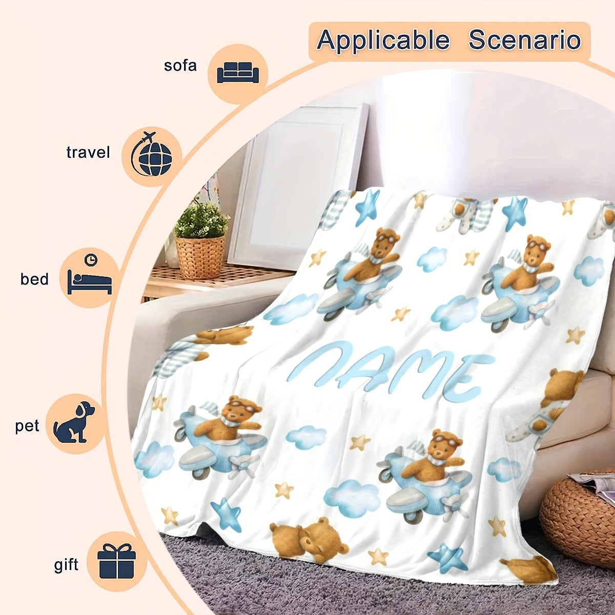 Customizable Flannel Blanket with Bear and Airplane Design for Kids and Adults