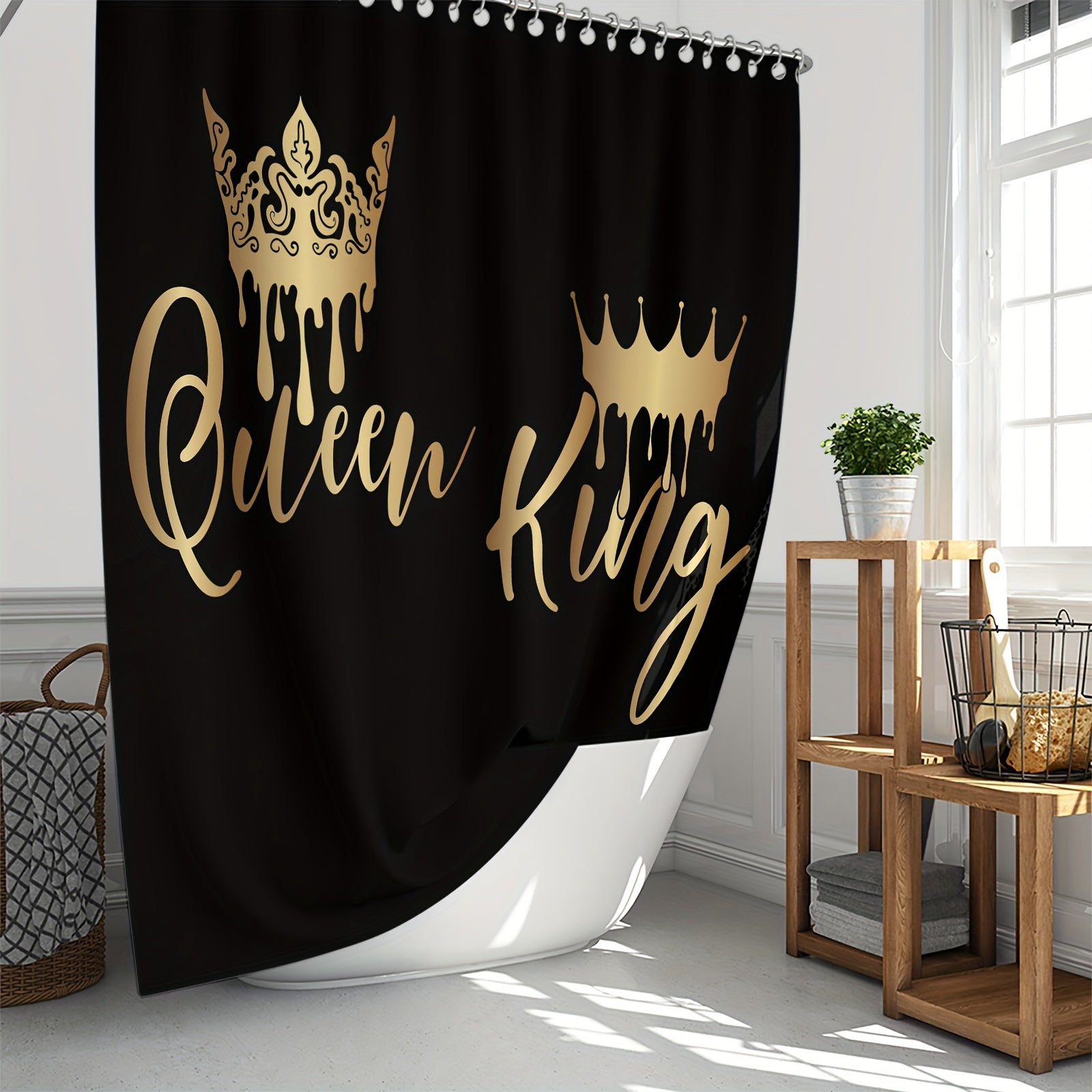 King and Queen Polyester Waterproof Shower Curtain Set with 12 Hooks Non-slip Mat and Floor Mat
