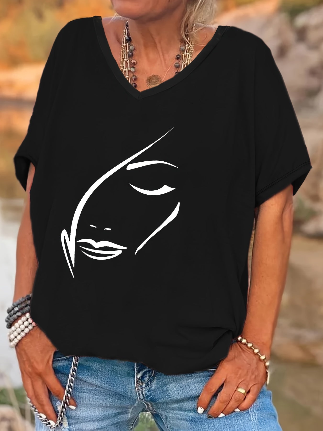 Plus Size Women's V-Neck Batwing Sleeve T-Shirt Casual Loose Fit All-Season