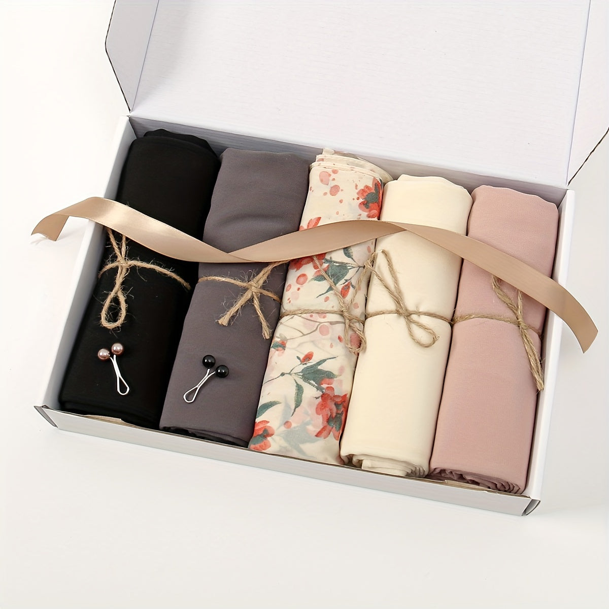 Set of 5 Elegant Chiffon Hijabs with Faux Pearl Pins for Valentine's and Mother's Day