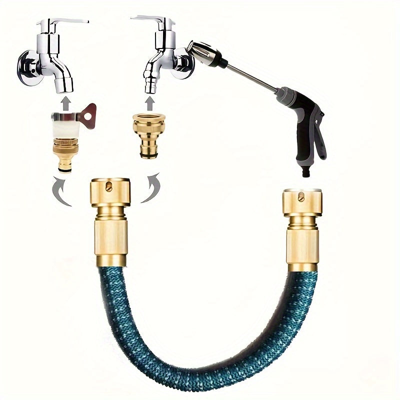 Yuqori bosimli purkagich bilan mustahkam kengaytiriladigan bog‘ hose, o‘rmon parvarishi va avtomobil yuvish uchun ideal, sozlanadigan nozzle va qo‘shimcha ulanishlar bilan birga.