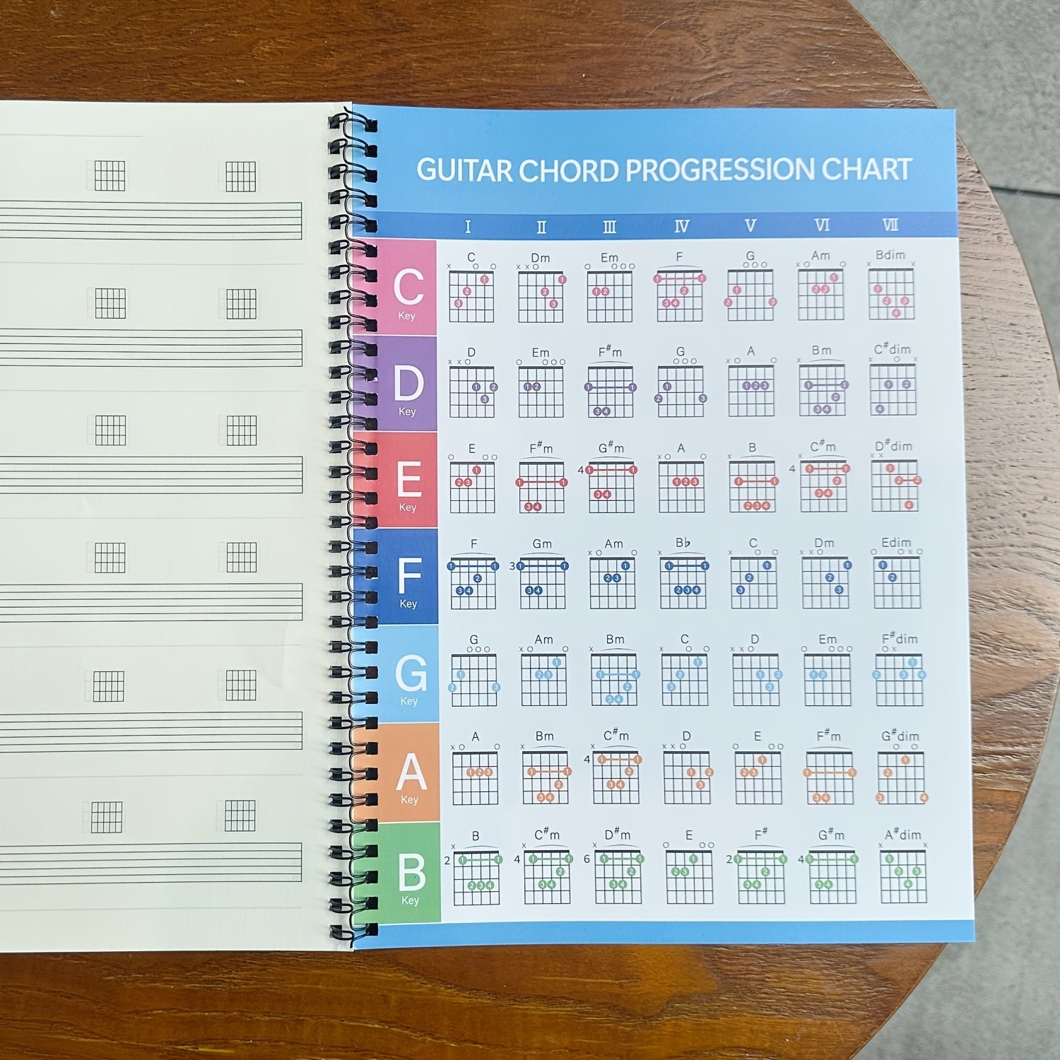 Cuaderno de práctica de guitarra con 50 hojas en blanco con pentagramas y diagramas de acordes