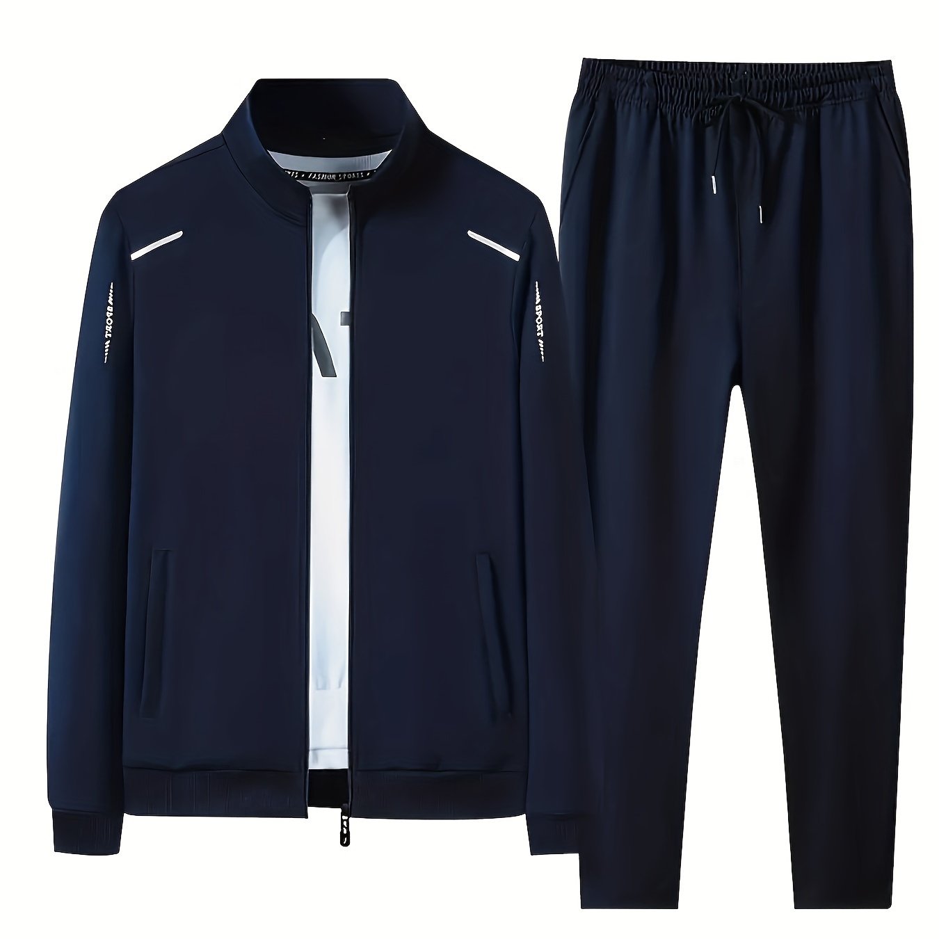 Men's Casual Sportswear Set Polyester Zip-Up Jacket and Drawstring Joggers with Pockets All-Season Comfort