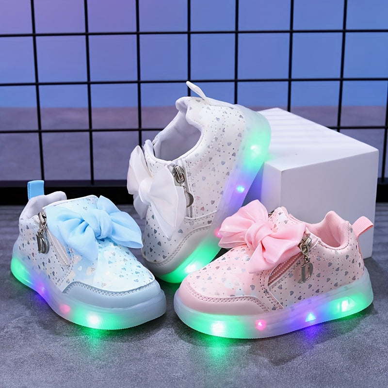 Girls' Glow-in-the-Dark Heart Pattern Sneakers with Bowknot for Ages 1-6 Pink Blue Lightweight Casual Sporty