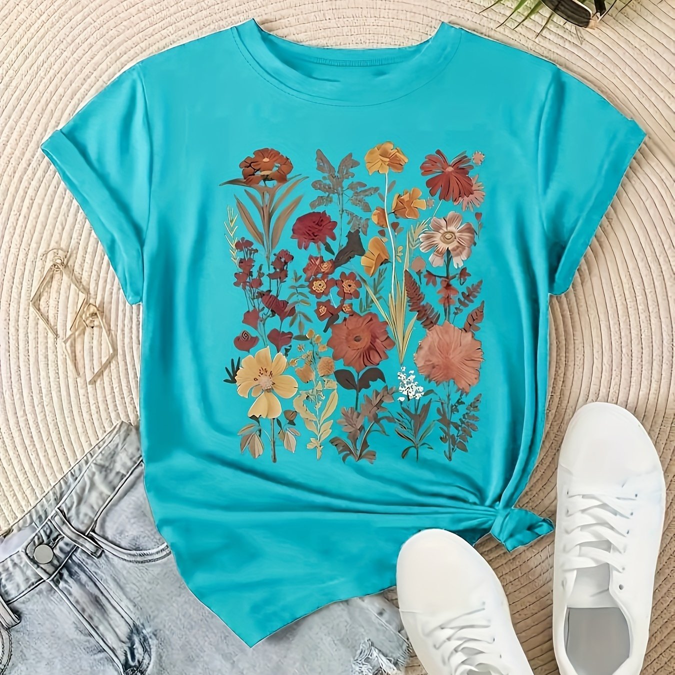 Women's Navy Blue Short Sleeve Floral Print T-Shirt, Casual Relaxed Fit