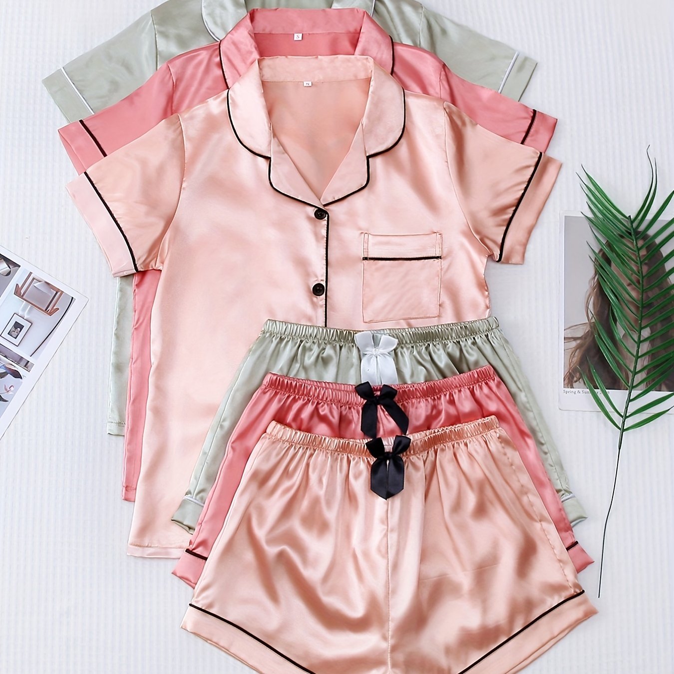 Women's Satin Pajama Set Three-Piece Solid Color Casual All-Season