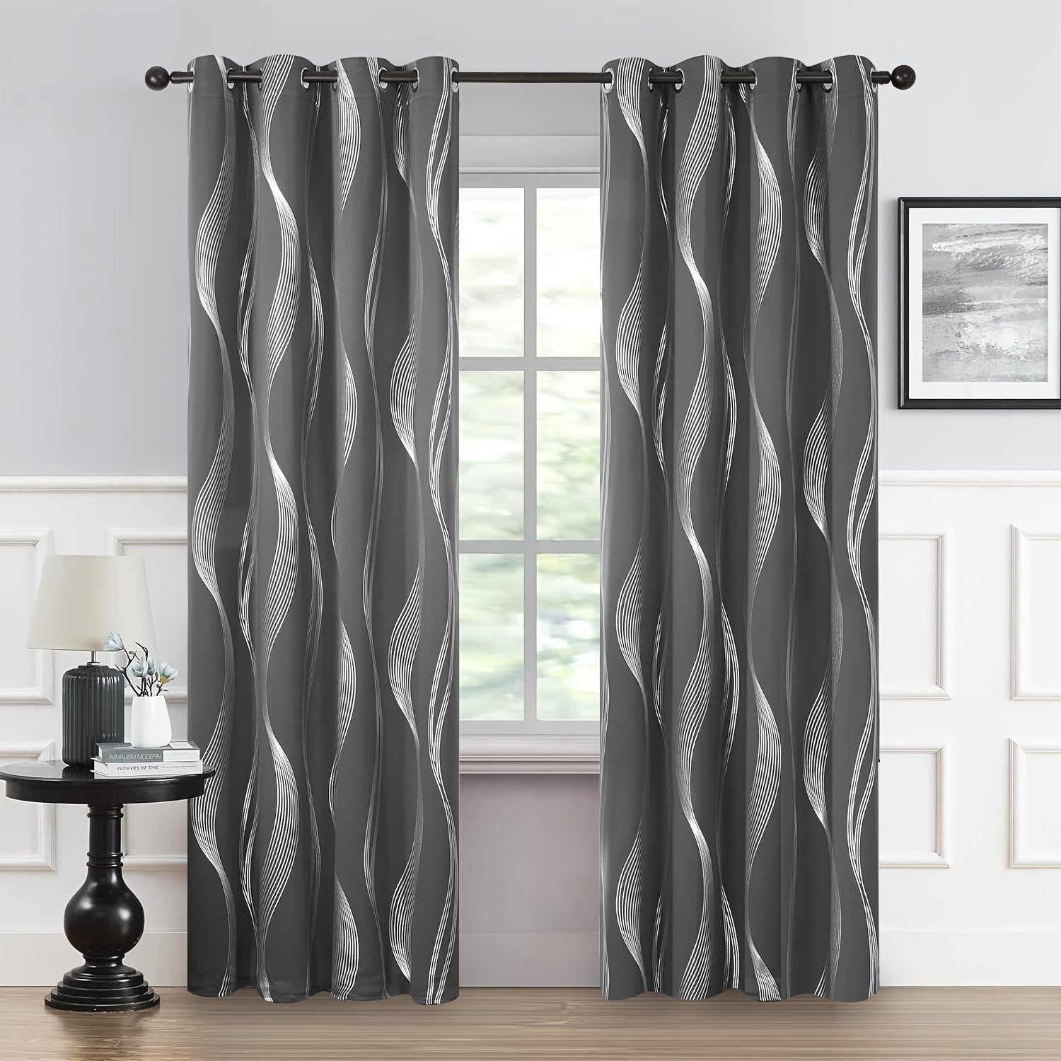 Contemporary Blackout Curtains 2 Pieces Woven Polyester Grommet Top Room Darkening