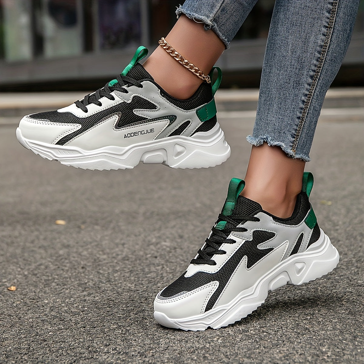 Women's Fashion Sneakers White Gray Patchwork Lace-Up Casual Shoes