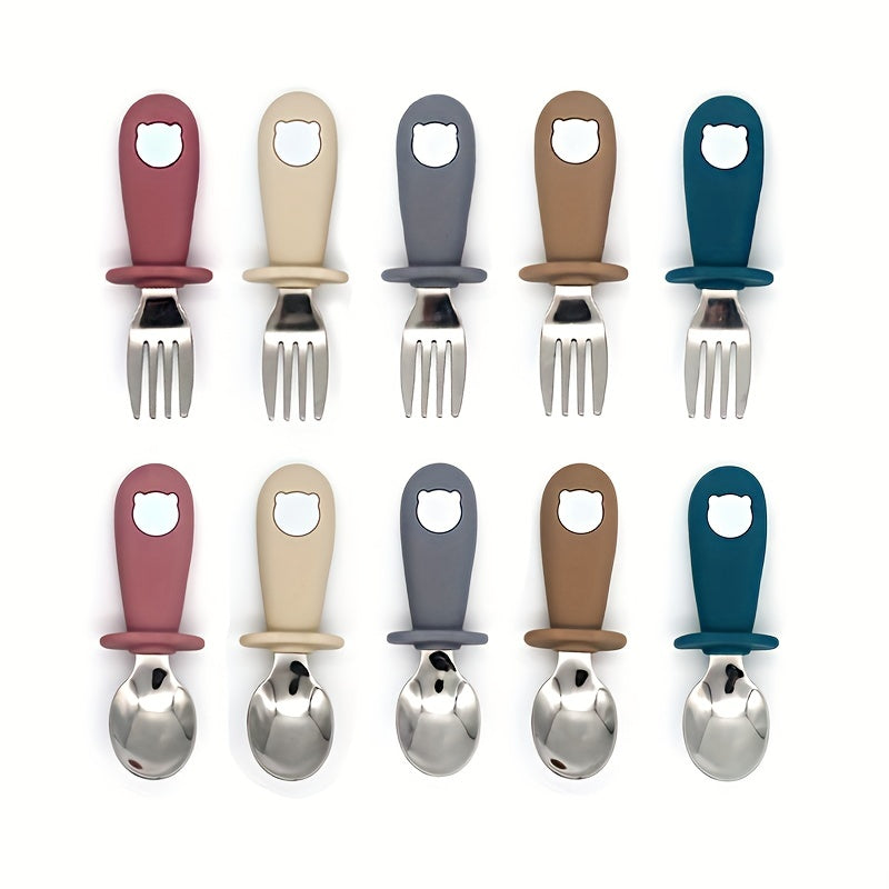 Bola va kichkina bolalar uchun idishlar to'plami, silikon Panda tutqichli zanglamaydigan po'latdan yasalgan vilka va qoshiq